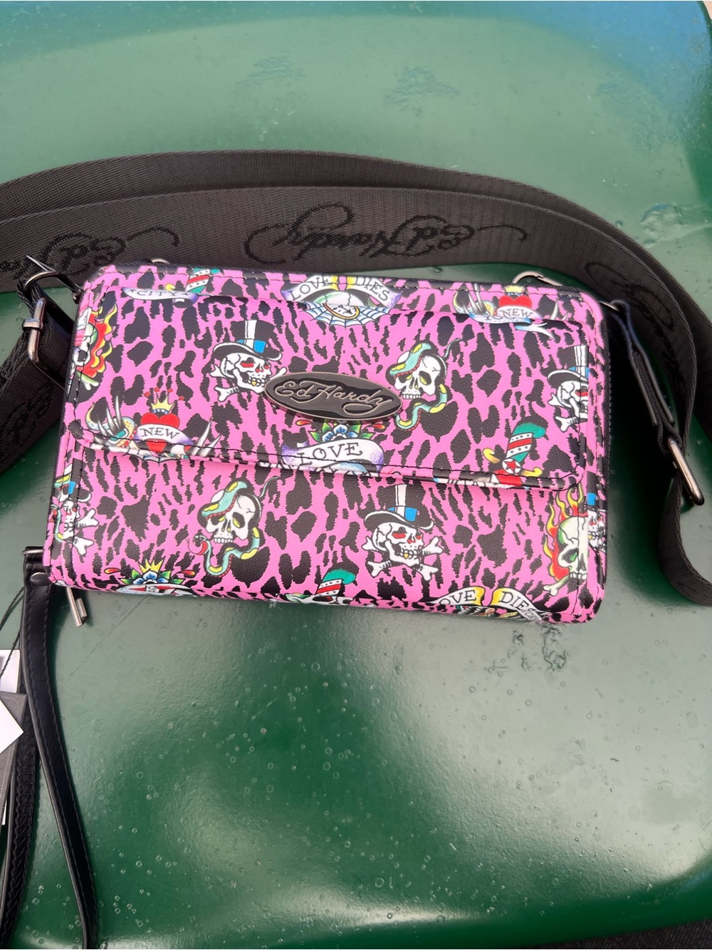 Ed Hardy Pink Leopard Skull Print Crossbody Bag with Black Strap
